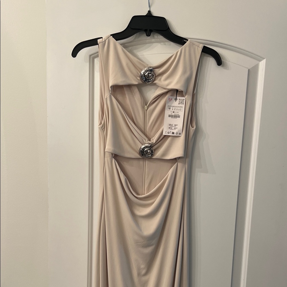 Zara Beige Draped Midi Dress with Decorative Brooches